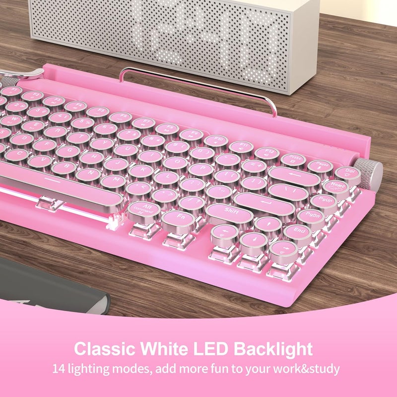 Taiahiro Retro Typewriter Wireless Mechanical Gaming Keyboard, Bluetooth 5.0 Office Computer Vintage Keyboards 83-Key Blue Switches Punk Round Keycap, LED Backlight, Compatible with PC/Laptop/Pad/Phone, Pink - Image 5